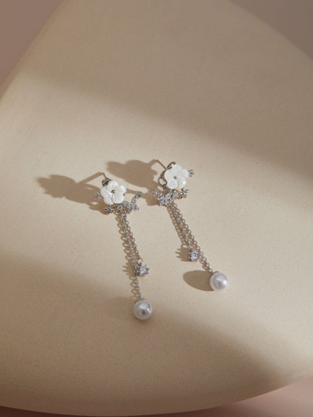 White Gold Floral Pearl Drop Earrings Bridal 925